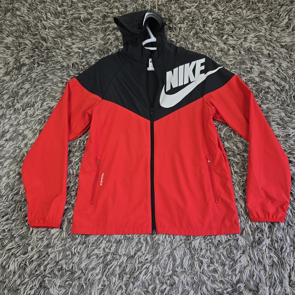 Nike Jacket Youth XL Black Red Windrunner Packable Hooded Windbreaker DD2759-010
